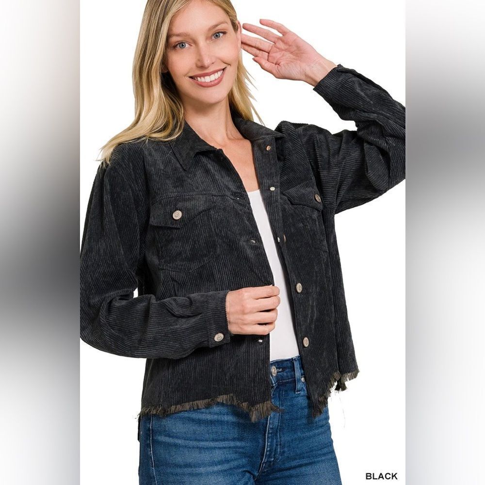 ZENANA DAYNA CORDUROY CROPPED JACKET LARGE Black